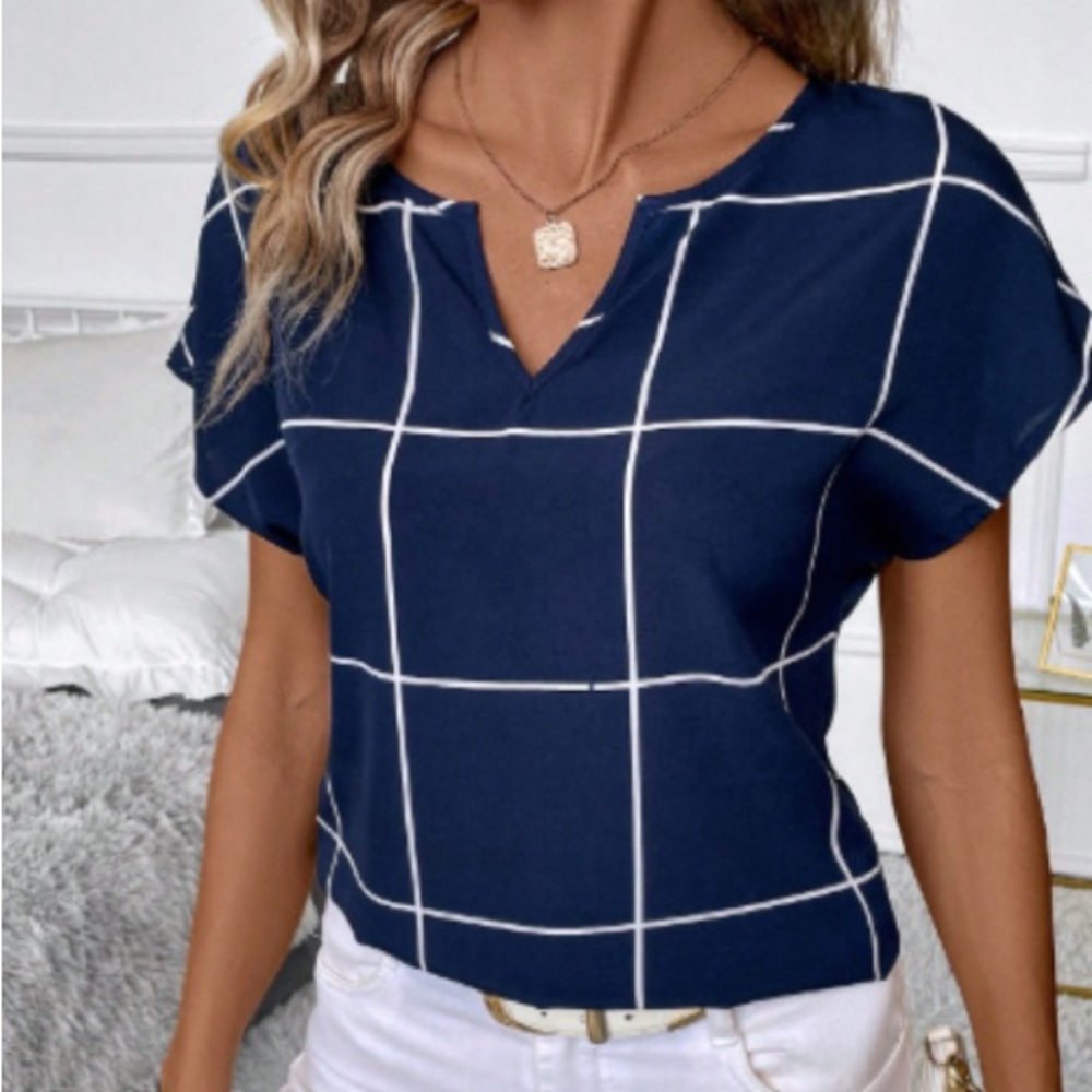 Classic Windowpane Navy Blue and White Checkered Women's Top